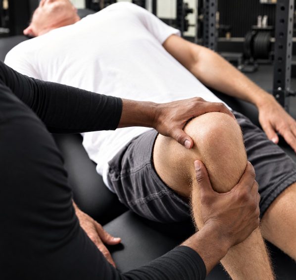 Duane giving a client an assisted knee stretch